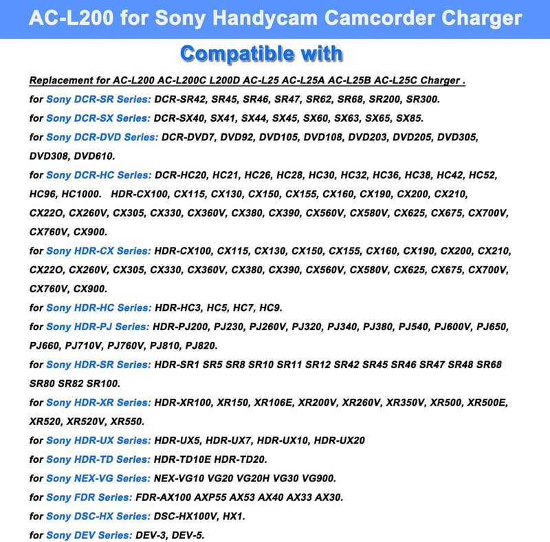 TKDY AC-L200 Charger for Sony Handycam, Replacement for AC-L200 L25 Power Adapter, Compatible with DCR-DVD DCR-HC DCR-SR DCR-SX HDR-CX HDR-PJ HDR-SR NEX-VG Series etc, 100-240V Travel Friendly. - Image 2